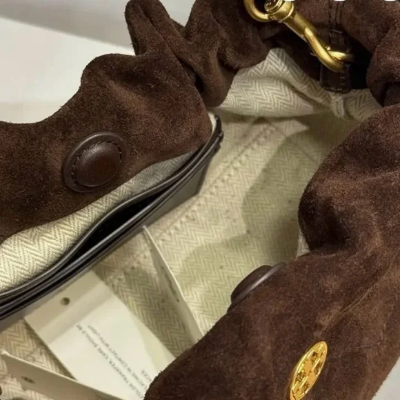 Tory Burch Dark Brown Quilted Suede Drawstring Shoulder Bag - Picture 2 of 5